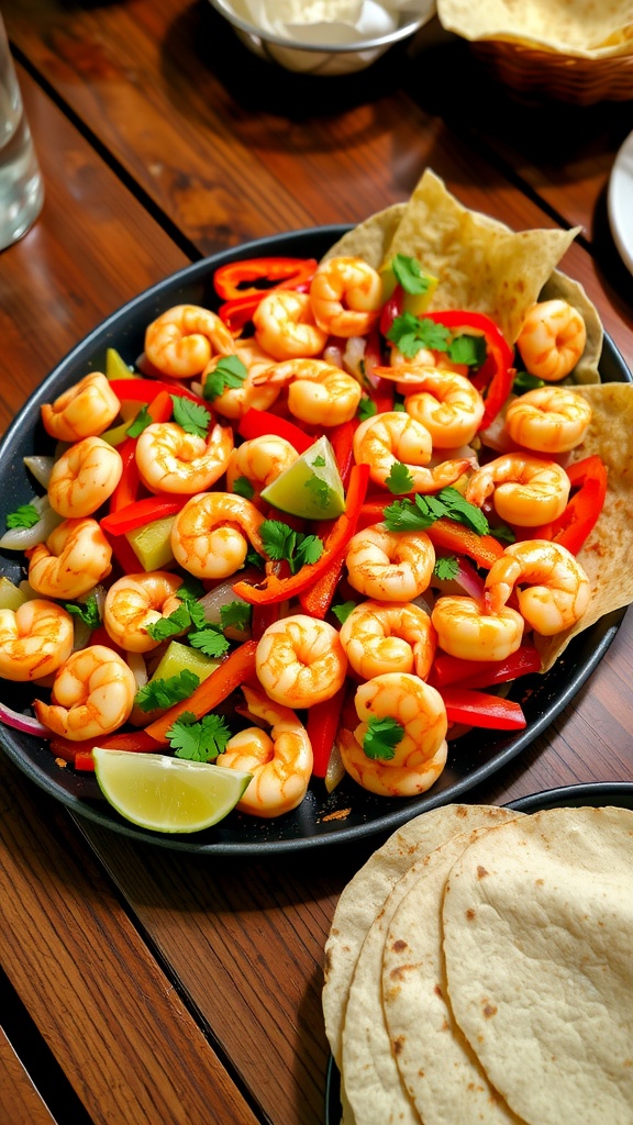 Shrimp fajitas with bell peppers and onions served on a wooden table with tortillas and lime wedges.